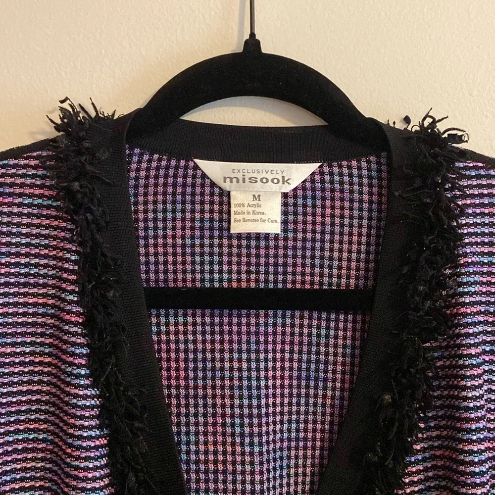 Exclusively Misook Purple Black Fringe Artsy Eclectic Cardigan Blazer Jacket